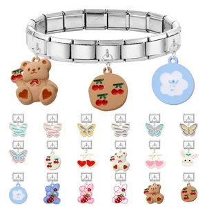 Italian modular charm bracelet in stainless steel with cute teddy bear and cherry pendants