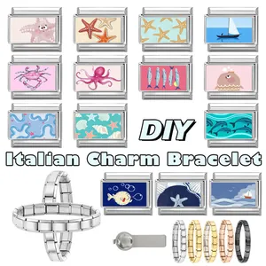 Detailed macro of modular ocean charm bracelet showing stainless steel seafaring motifs