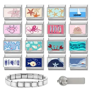 Macro detail of 16 nautical stainless steel charms with sea life patterns and tool