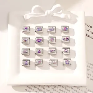 Detailed grid of 16 Italian modular charm links featuring purple enamel icons and symbols