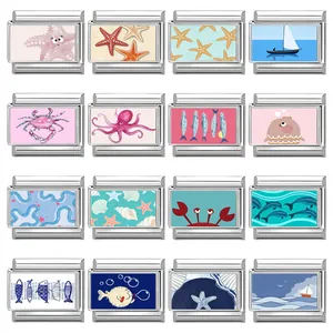 Stainless Steel Italian Charm Link Ocean Theme Fish Crab Starfish Sailboat Modular DIY Bracelet Accessory Jewelry Making