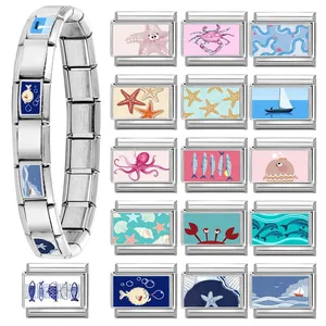 Italian charm bracelet with ocean-themed hand-painted sea life links in stainless steel