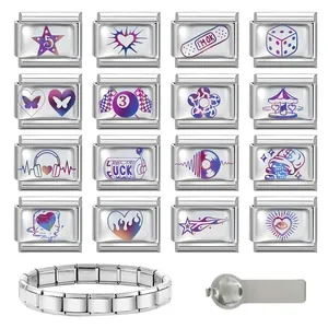 Detailed close-up of 16 colorful DIY modular Italian charms and stainless steel bracelet