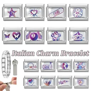 Detailed view of Italian charm bracelet links and assembly tool set on white background