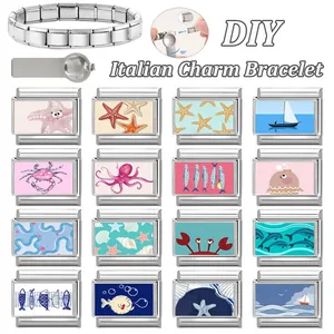 Ocean theme DIY Italian charm bracelet kit with 16 modular stainless steel links