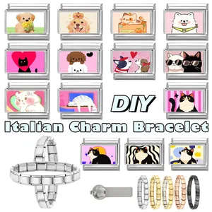 Detailed view of DIY modular stainless steel Italian charm bracelets with cute pet links