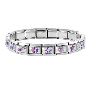 Detail of Italian modular charm bracelet with stainless steel links and colorful patterns