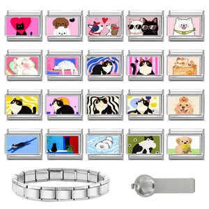 Detailed grid of 20 modular stainless steel charms with cute cat and dog pet designs
