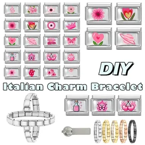 Collage of stainless steel Italian charm bracelets with pink floral and heart patterns