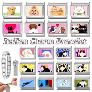 DIY stainless steel Italian charm bracelet with various cute cartoon pet charms and tool