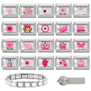 Macro detail of 20 pink Italian charms with stainless steel base and assembly tool