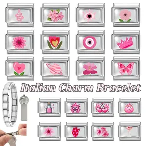 Detailed grid showing pink Italian charm bracelet links and DIY assembly tool