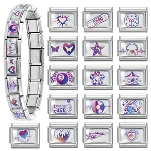DIY Italian charm bracelet with colorful stainless steel modules and purple graphics