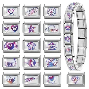 Italian modular charm bracelet in stainless steel with colorful pop art gradient links