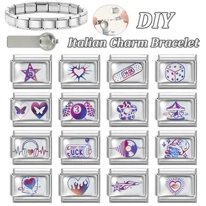 DIY Italian charm bracelet with 16 colorful stainless steel links and assembly tool