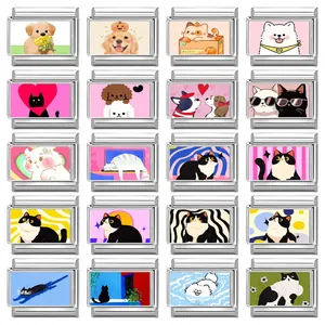 Stainless Steel Italian Charm Bracelet Links Cute Pet Cat Dog Illustrations DIY Modular Jewelry For Women Teens Gift