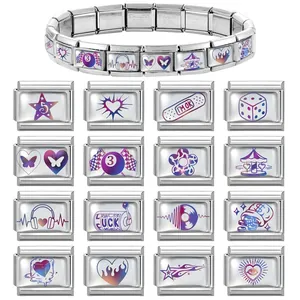 Italian charm bracelet with customizable colorful links in polished stainless steel