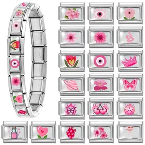 Pink Italian charm bracelet set with stainless steel modular links and fashion icons