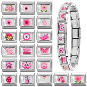 Italian charm link bracelet in stainless steel with pink enamel themed patterns