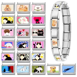 DIY stainless steel Italian charm bracelet featuring cute cartoon cat and dog patterns