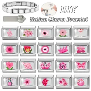 Italian charm bracelet set with pink DIY stainless steel links and assembly tool