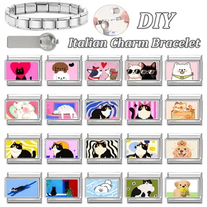 DIY Italian modular bracelet set with 20 stainless steel pet-themed cat and dog charms