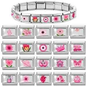 Italian charm bracelet in stainless steel with DIY pink floral and heart pattern links