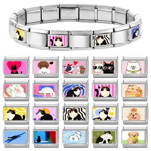 Italian style stainless steel DIY modular link bracelet with cute cat and dog charms