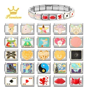 Bracciale componibile italiano in acciaio inossidabile con ciondoli smaltati colorati