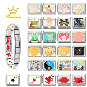 Bracciale componibile italiano in acciaio inossidabile con vari inserti in smalto colorato