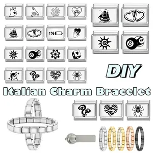Details der DIY-Edelstahl-Bettelarmband-Module mit verschiedenen gravierten Mustern