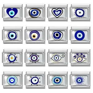 Maillons Modulaires Italian Charm en Acier Inoxydable Mauvais Œil Bleu Cœur Émail Accessoires de Bijoux DIY pour Bracelet