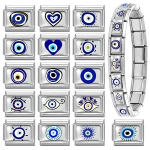 Bracelet modulaire italien en acier inoxydable avec divers pendentifs Evil Eye bleus