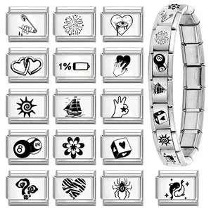 Italienisches Charm-Armband aus Edelstahl mit laser-gravierten schwarzen DIY-Symbolen