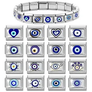 Bracelet modulaire italien en acier inoxydable avec des breloques œil bleu en émail