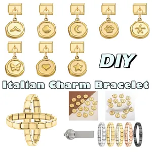 Italian charm bracelet components with diverse gold pendants and stainless steel bands