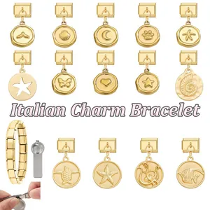 Italian charm bracelet kit with golden charms featuring marine life and celestial patterns