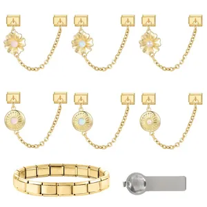 Italienisches Charm-Armband-Set mit Goldgliedern, Blumenanhängern und Öffnungswerkzeug