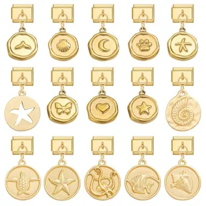 Stainless Steel Gold Plated Italian Modular Charm Link Marine Animal Round Plate Pendant For DIY Bracelet Jewelry