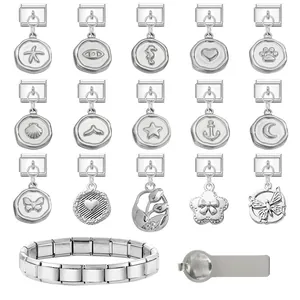 Italian charm link bracelet set with 15 pendants and a stainless steel tool