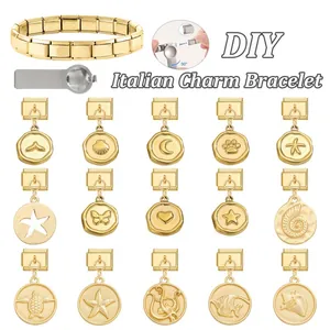 Italian modular charm bracelet kit with 15 gold stainless steel charms and DIY tool