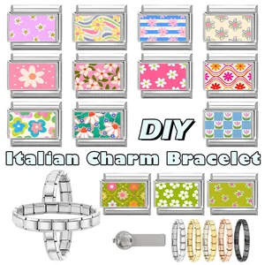Detail of DIY floral modular charms and Italian charm bracelets in five metal finishes