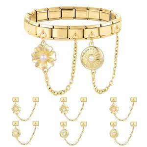 Modulares Edelstahl-Armband in Gold mit Perlenblumen- und Sonnenanhängern