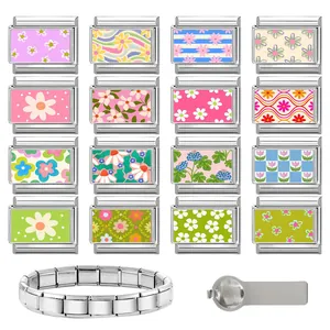 Detailed view of 16 floral enamel modular links and a stainless steel DIY charm bracelet