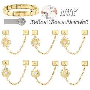 Goldenes italienisches Bettelarmband-Set aus Edelstahl mit Gänseblümchen und DIY-Werkzeug