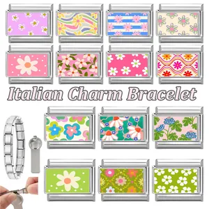 Italian charm bracelet DIY kit with floral pattern stainless steel modular links and tools