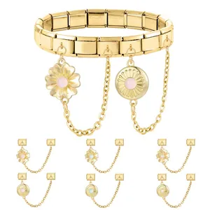Goldenes italienisches Modul-Gliederarmband aus Edelstahl mit Blumen- und Sonnenanhängern