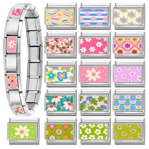 Italian modular charm bracelet in stainless steel with colorful floral enamel links