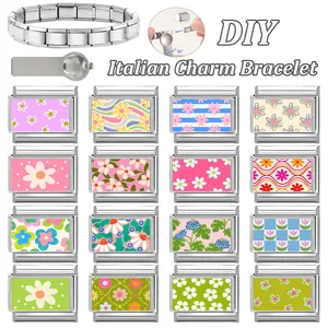 DIY Italian charm bracelet set with 16 floral stainless steel links and assembly tool