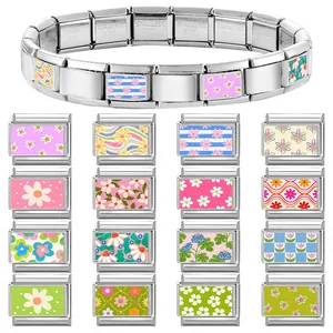 Italian modular charm bracelet with stainless steel floral daisy and tulip patterns